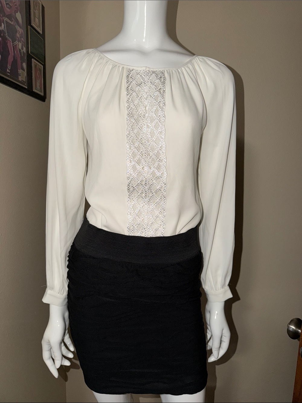 WHBM, Cream Long-Sleeve Blouse with Lace Panel - Women's Top, size S